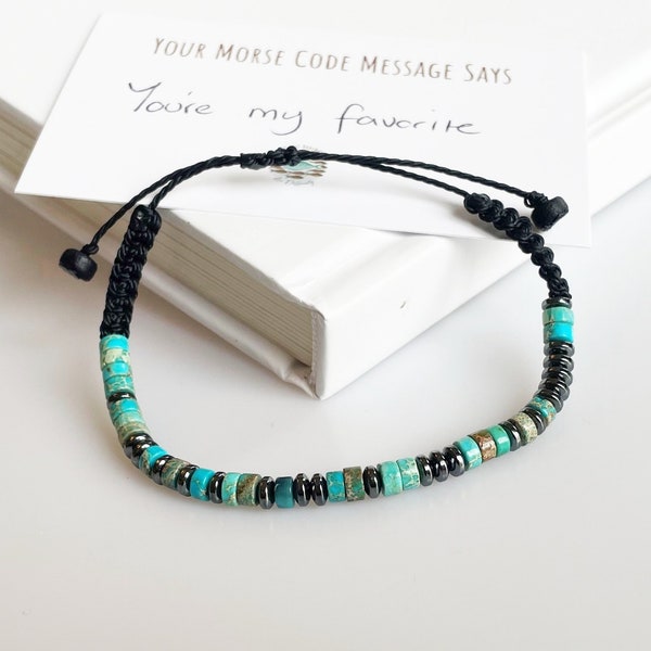 Turquoise Morse Code Bracelet, Custom Mens Bracelet, Personalized Boyfriend Gift, Gemstone Bracelet, December Birthstone Bracelet