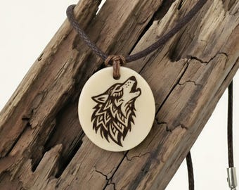 Personalized Howling Wolf Rope Necklace, Mens Celtic Tribal Wolf Pendant, Rustic Jewelry