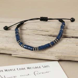 Pulsera de lapislázuli con código Morse, pulsera de la amistad para hombres, ideal para sanación y conexión a tierra.