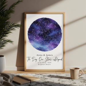 Könnte beinhalten: Gerahmter Druck mit einer Aquarelldarstellung einer Sternenkarte in Lila- und Blautönen. Der Text "Anna & James" und "The Day Our Stars Aligned" ist darunter zusammen mit Datum, Uhrzeit und Ort zu sehen.