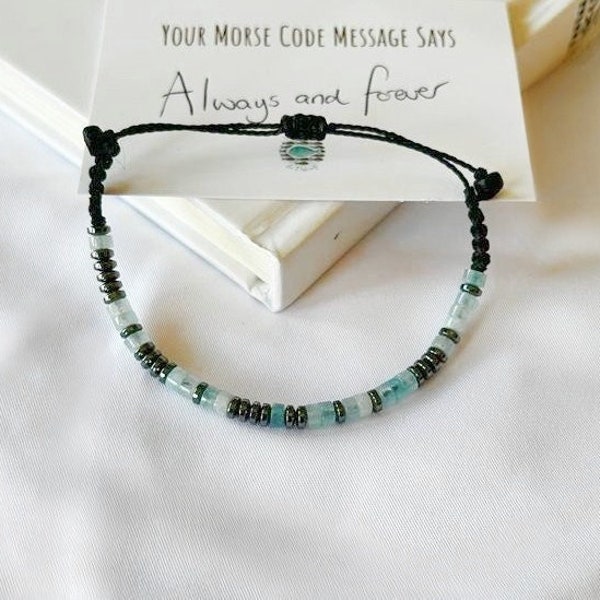 Morse Code Aquamarine Bracelet, March Birthstone Bracelet, Mothers Day Gift, Handmade Waterproof Bracelet, Personalized Message Bracelet