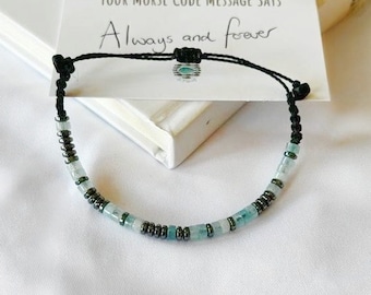 Morse Code Aquamarine Bracelet, March Birthstone Bracelet, Mothers Day Gift, Handmade Waterproof Bracelet, Personalized Message Bracelet