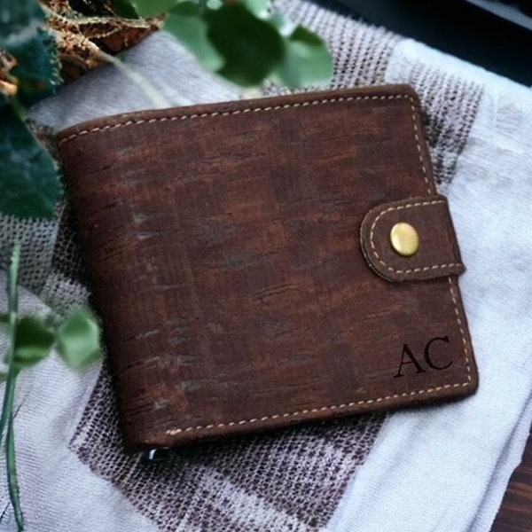 Cartera de corcho personalizada, Cartera de cuero vegano para hombre, Regalo del Día del Padre, Regalo del 3er aniversario de boda, Regalo para papá, Primer Día del Padre