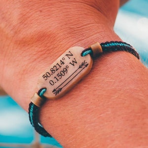 Coordinate Bracelet, Personalized Cotton Anniversary Gift, Couples Travel Bracelet