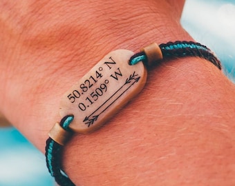 Coordinate Bracelet, Personalized Cotton Anniversary Gift, Couples Travel Bracelet