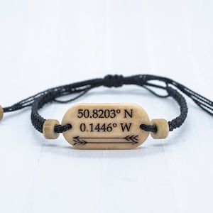 Coordinate Bracelet, Personalized Cotton Anniversary Gift, Couples Travel Bracelet Black
