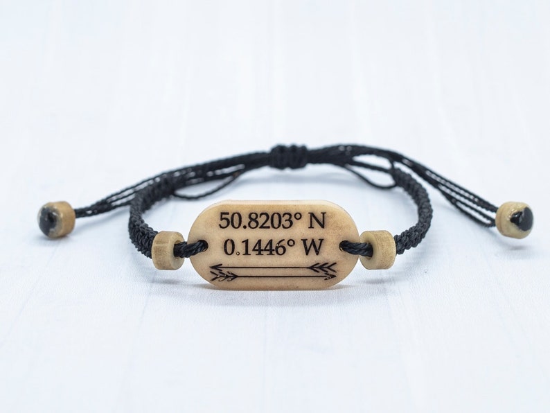 Coordinate Bracelet, Personalized Cotton Anniversary Gift, Couples Travel Bracelet Black