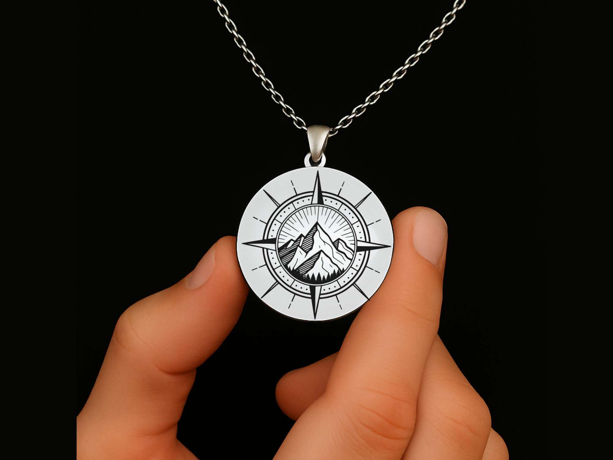 Engraved Compass Mountain Necklace, Personalized Travel Gift, Mens