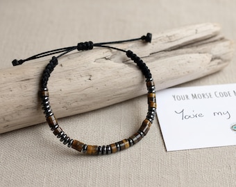Tiger's Eye Morse Code Bracelet, Mens Friendship Bracelet for Strength and Courage