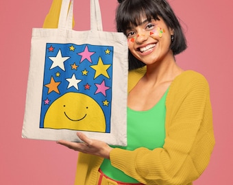 Cute Colorful Smiley Face Tote Bag, Dopamine Dressing, Cool Travel, Book or Grocery Tote