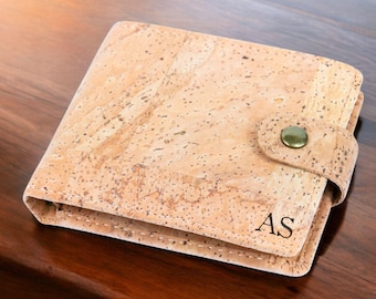 Personalized Vegan Cork Wallet, Engraved Mens Trifold Wallet with Initials