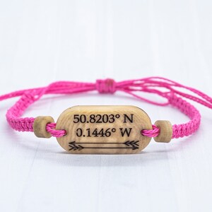 Coordinate Bracelet, Personalized Cotton Anniversary Gift, Couples Travel Bracelet Pink