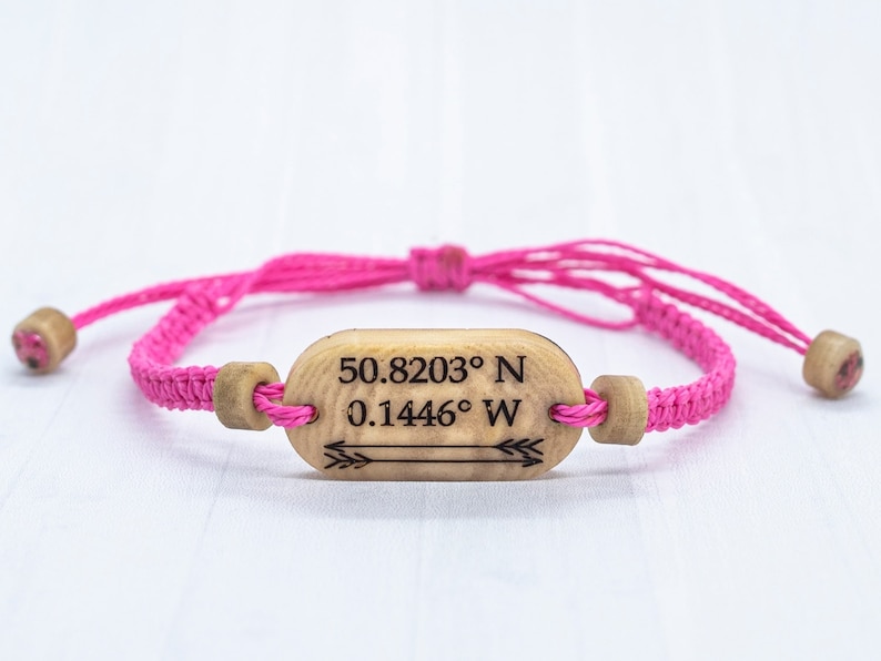 Coordinate Bracelet, Personalized Cotton Anniversary Gift, Couples Travel Bracelet Pink