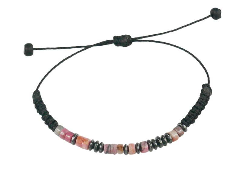Close up image of Hematite and pink Jade custom Morse code bracelet pictured on white background.