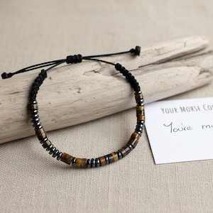 Black Onyx or Tigers Eye Morse Code Bracelet, Mens Friendship Bracelet for Strength & Grounding image 2
