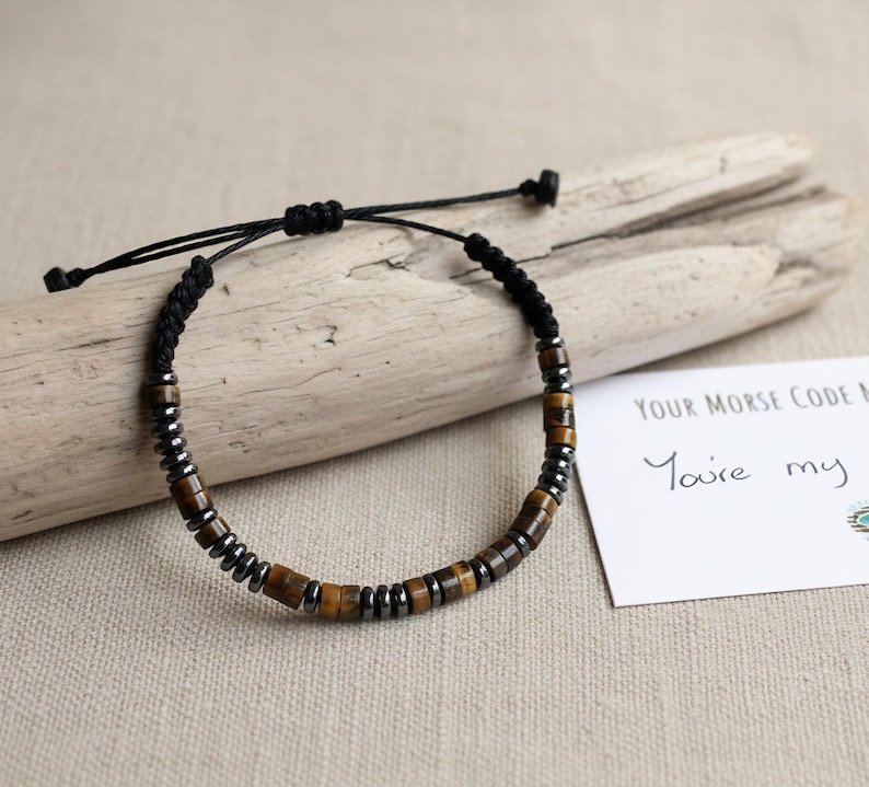 Black Onyx or Tigers Eye Morse Code Bracelet, Mens Friendship Bracelet for Strength & Grounding image 2