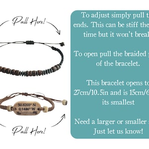 May include: A brown leather bracelet with a wooden tag engraved with coordinates "50.8203&deg; N 0.1446&deg; W". The bracelet is adjustable and can be pulled to fit different wrist sizes. The bracelet is shown on a white background.