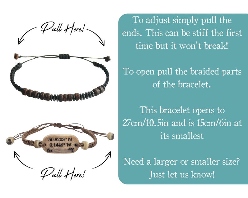 May include: A brown leather bracelet with a wooden tag engraved with coordinates "50.8203&deg; N 0.1446&deg; W". The bracelet is adjustable and can be pulled to fit different wrist sizes. The bracelet is shown on a white background.
