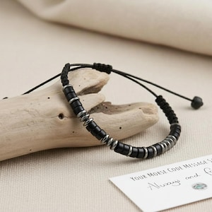 Pulsera de ónix negro u ojo de tigre con código Morse, pulsera de amistad para hombres que fortalece y conecta con la tierra.