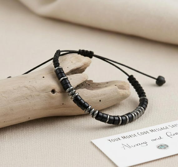 Black Onyx or Tigers Eye Morse Code Bracelet, Mens Friendship Bracelet for Strength & Grounding