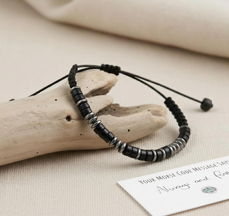 Black Onyx or Tigers Eye Morse Code Bracelet, Mens Friendship Bracelet for Strength & Grounding image 1