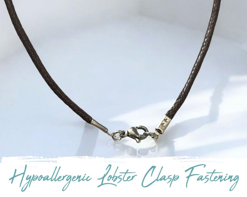 May include: A brown leather cord necklace with a silver lobster clasp fastening. Hypoallergenic.