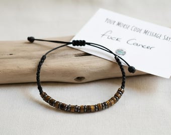 Tiger's Eye Morse Code Bracelet, Fuck Cancer Survivor Gift for Men