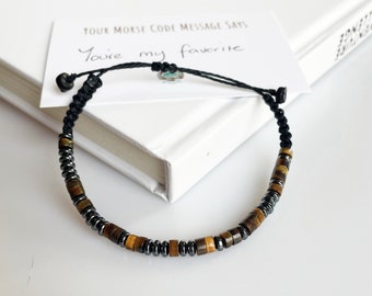 Bracelet code Morse oeil de tigre, bracelet pour homme, cadeau fête des pères, cadeau petit ami ou mari, bracelet message personnalisé, bijoux pour homme