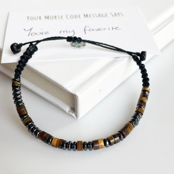 Tigers Eye Morse Code Armband, Herenarmband, Vaderdagcadeau, Vriendje of Echtgenoot Cadeau, Gepersonaliseerde Berichtarmband, Herensieraden