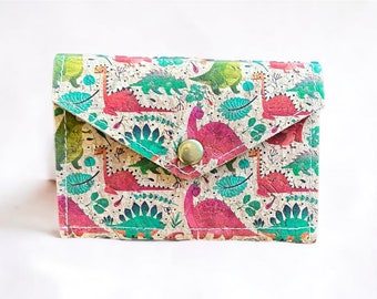 Cute Cork Mini Wallet, Vegan Dinosaur Card Holder Wallet, Small Kawaii Accordion Quirky Wallet