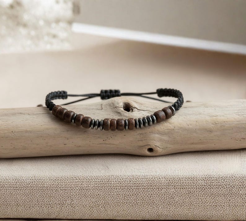 Custom Morse Code Bracelet, Cotton or Wood Anniversary Gift, Mens Friendship Bracelet image 1