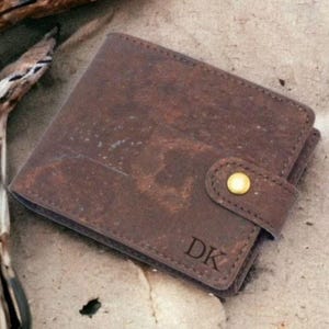 Engraved Mens Vegan Leather Trifold Cork Wallet, Fathers Day Gift, Personalized Gift for Dad, 3rd Wedding Anniversary Gift for Husband