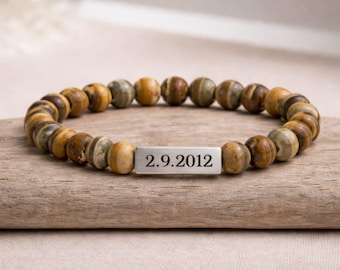 Custom Jasper Beaded Bracelet, Personalised Mens Family Name Jewelry For Fathers Day