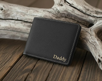 Cartera vegana personalizada, cartera plegable delgada para hombre grabada