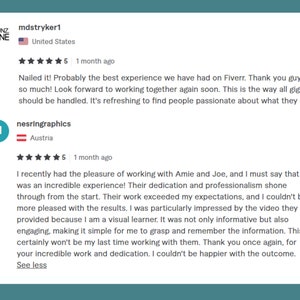 Pode incluir: Duas avalia&ccedil;&otilde;es de cinco estrelas para um servi&ccedil;o no Fiverr. A primeira avalia&ccedil;&atilde;o &eacute; de um cliente dos Estados Unidos que diz: "Maravilhoso! Provavelmente a melhor experi&ecirc;ncia que tivemos no Fiverr. Obrigado, pessoal! Mal podemos esperar para trabalhar juntos novamente em breve. &Eacute; assim que todos os trabalhos devem ser tratados. &Eacute; revigorante encontrar pessoas apaixonadas pelo que fazem."