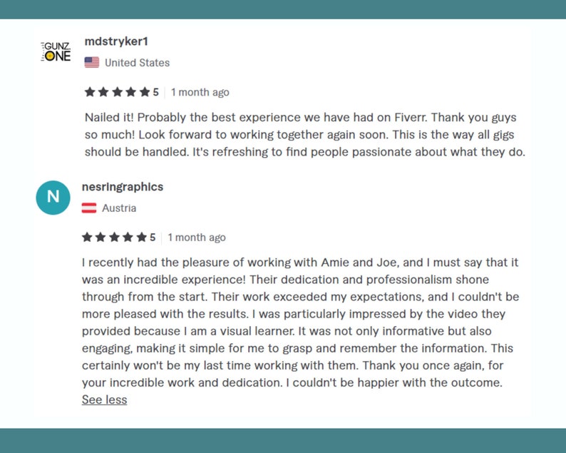 Pode incluir: Duas avalia&ccedil;&otilde;es de cinco estrelas para um servi&ccedil;o no Fiverr. A primeira avalia&ccedil;&atilde;o &eacute; de um cliente dos Estados Unidos que diz: "Maravilhoso! Provavelmente a melhor experi&ecirc;ncia que tivemos no Fiverr. Obrigado, pessoal! Mal podemos esperar para trabalhar juntos novamente em breve. &Eacute; assim que todos os trabalhos devem ser tratados. &Eacute; revigorante encontrar pessoas apaixonadas pelo que fazem."