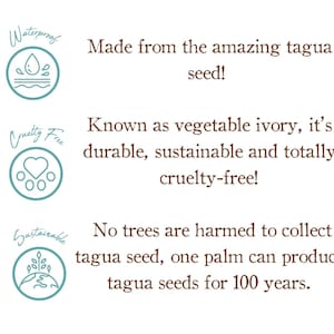 May include: Three blue and white circular icons with text and illustrations. The first icon says "Waterproof" and shows a water drop above a wave. The second icon says "Cruelty Free" and shows a heart with paw prints. The third icon says "Sustainable" and shows a globe with a plant growing out of it. The text below the icons describes the tagua seed, which is used to make the product, and its sustainable and cruelty-free qualities.