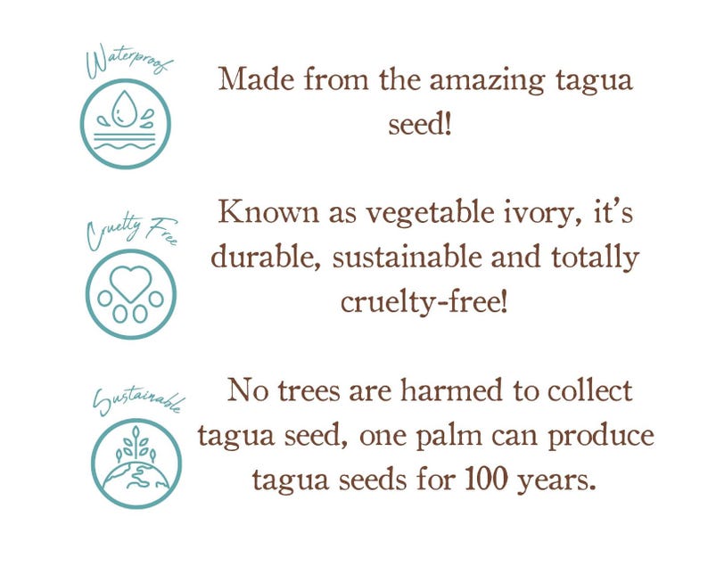 May include: Three blue and white circular icons with text and illustrations. The first icon says "Waterproof" and shows a water drop above a wave. The second icon says "Cruelty Free" and shows a heart with paw prints. The third icon says "Sustainable" and shows a globe with a plant growing out of it. The text below the icons describes the tagua seed, which is used to make the product, and its sustainable and cruelty-free qualities.