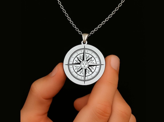 Engraved Compass Sun Necklace, Personalized Travel Jewelry, Mens