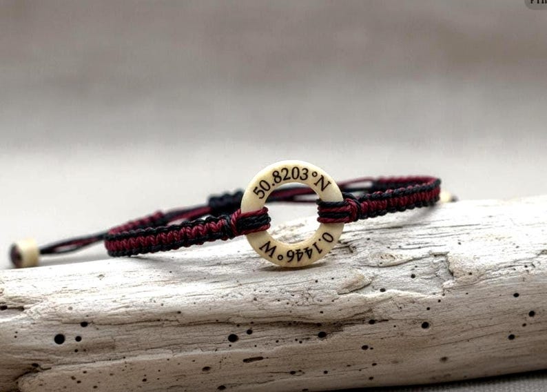 Personalized Coordinate Bracelet, Where We Met Couples Bracelet, Cotton Anniversary Gift image 1