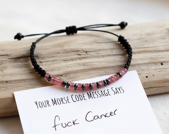 Rose Quartz Morse Code Bracelet, Fuck Cancer, Survivor Gift