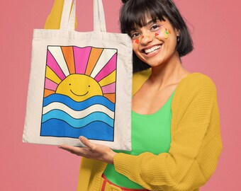 Cute Colorful Smiley Face Tote Bag, Dopamine Dressing, Cool Travel, Book or Grocery Tote