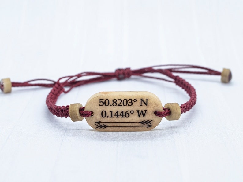 Coordinate Bracelet, Personalized Cotton Anniversary Gift, Couples Travel Bracelet Burgundy