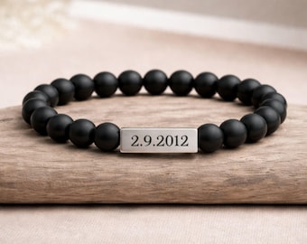 Custom Black Onyx Beaded Bracelet, Personalised Mens Family Name Jewelry For Fathers Day