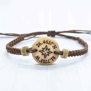 Compass Bracelet, Coordinate Bracelet, Vegan Gift, Personalized Men Bracelet, Friendship Bracelet, Compass Jewelry, Travel Bracelet,Men Gift