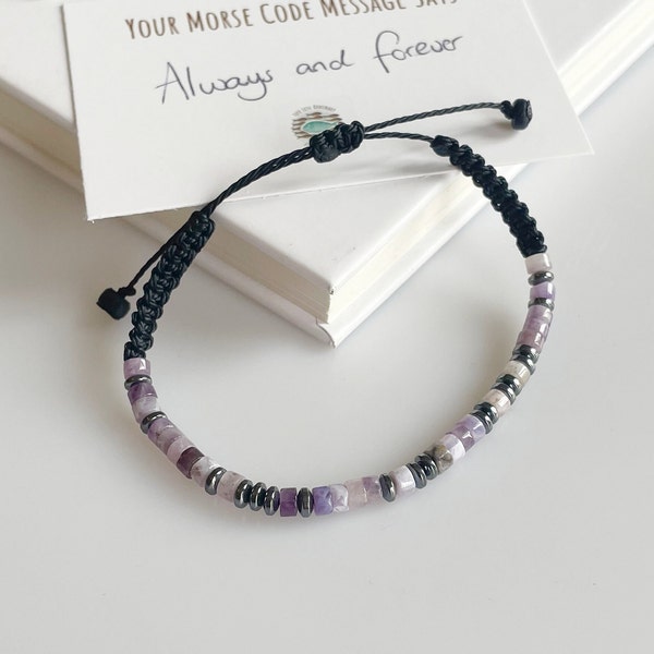 Amethyst Bracelet, Custom Morse Code Bracelet, Mothers Day Gift for Mom, February Birthstone Gemstone Bracelet, Cotton Anniversary Gift