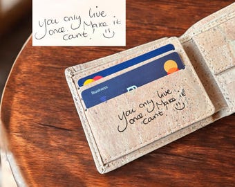 Engraved Handwriting Mens Cork Wallet,  Personalized Trifold Handwritten Wallet