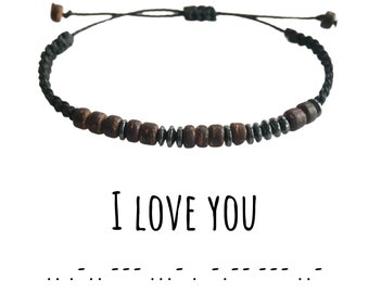 Pulsera de código Morse de bambú oscuro, pulsera te amo, joyería de código Morse, pulsera para hombre, pulsera impermeable de mensaje oculto