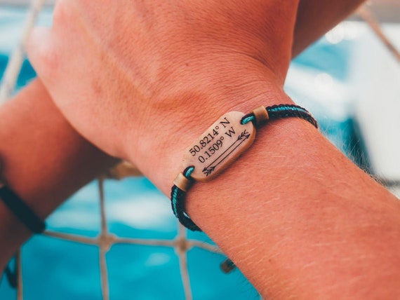 Coordinate Bracelet, Personalized Cotton Anniversary Gift, Couples Travel Bracelet