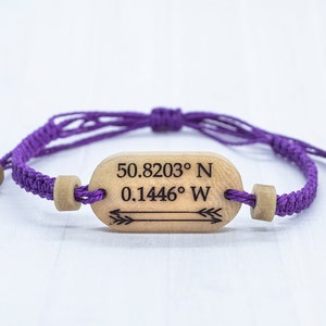 Coordinate Bracelet, Personalized Cotton Anniversary Gift, Couples Travel Bracelet Purple
